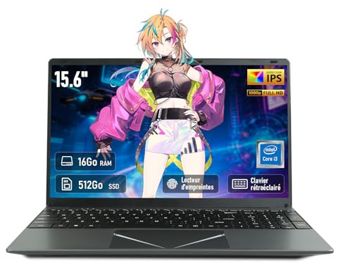 unbholkk Ordinateur Portable 15,6, 16Go RAM 512Go SSD, Processeur Core i3-6100, PC Portable Étudiant FHD IPS avec Clavier rétroéclairé, Empreinte Digitale, USB 3.0, Wi-FI 5, BT5.0, HDMI, Gris