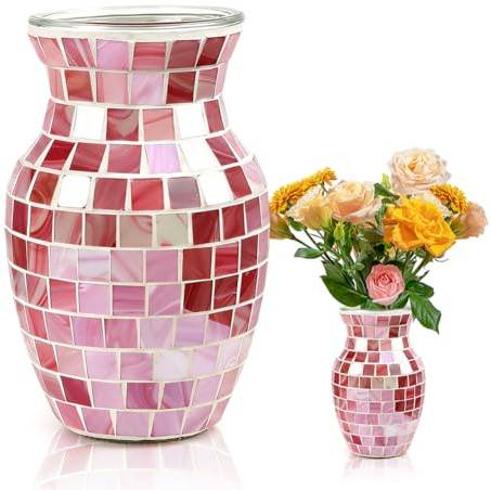 Rosa glasvas, modern boho blomvas, mosaik glasvas handgjord dekorativ vas för vardagsrum, kök, sovrum, hylla och matbord