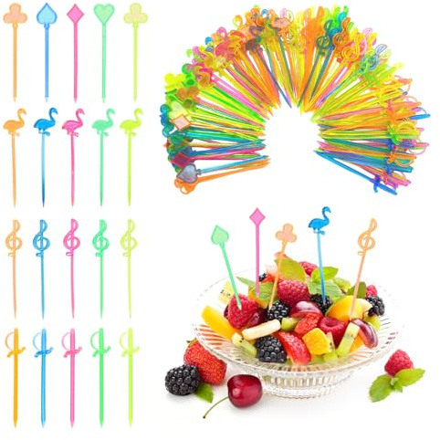 200 Stück Cocktailspieße, Cocktail Deko, Obstspieße Kinder, Spieße Fingerfood, Partypicker, Wiederverwendbar Bunte Party-Zahnstocher für Bar Geburtstag Party Oktoberfest Grillen Snacks Familientreffen
