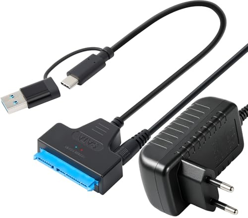 Apcodino Cable SATA a USB 3.0 para SSD y HDD 2.5 y 3.5 con Fuente 12V 2A
