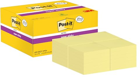 Post-it Super Sticky Notes, 21 + 3 Blöcke (2160 Blatt), 47,6 x 47,6 mm | Selbstklebende Haftnotizen mit Stärkerer Haftung, Klebezettel für Bürobedarf, Erinnerungen & To-Do-Listen; Repositionierbar