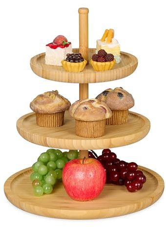 Relaxdays Alzata Portafrutta su 3 Livelli, Centrotavola, Vassoio da Portata, Struttura in bambù per Buffet, Naturale, Marrone, 30x30x37 cm