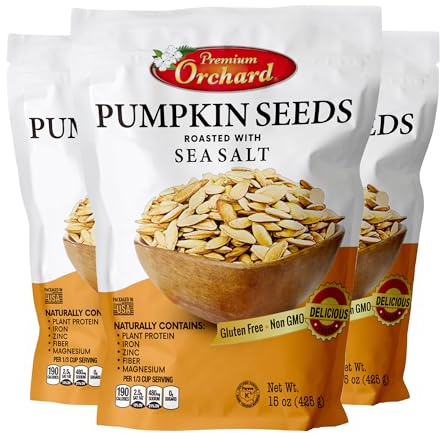 ROASTED PUMPKIN SEEDS to Eat in Shell by Premium Orchards MIXED NUTS - Salted with Sea Salt - Non-GMO Vegan Fresh Healthy Snacks/ - Great source of Plant Protein, Zinc, Magnesium & Iron (Value Pack - 3 Bags)