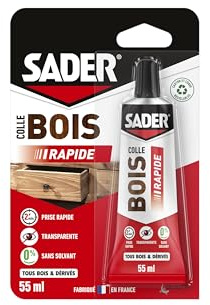 Sader Colle à Bois Prise Rapide 2 min - Tube de 55 ml | Colle Forte pour Tous Bois et Dérivés - Intérieur - Transparente après Séchage - Sans Solvant - Tube de 55ml