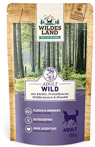 WILDES LAND – Wild | Nassfutter mit extra hohem Fleischanteil und natürlichen Zutaten für ausgewachsene Hunde. Alleinfutter ohne Zusatzstoffe in der Dose | 8x150g Wild