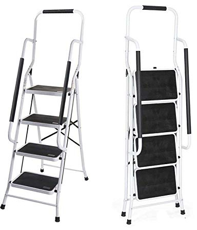 Stehleiter Klappbar Trittleiter 4 Stufen mit Handlauf Tragbarer Klapptritt Sicherheitsverriegelung mit rutschfester breiter Stufe, bis 150 kg
