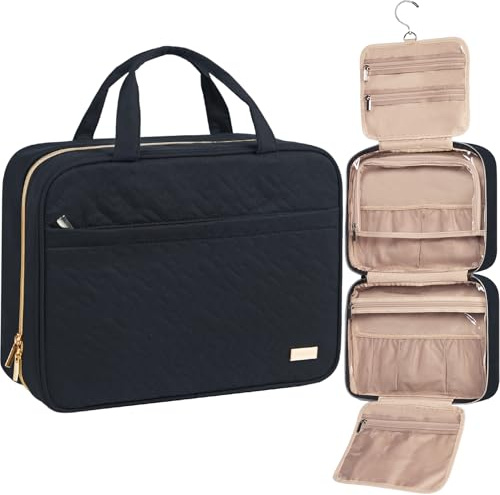 NISHEL Travel Toiletry Bag for women, Portable Hanging Organizer for Full-Sized Shampoo, Conditioner, Brushes Set, Makeup Accessories, Large Size, Black