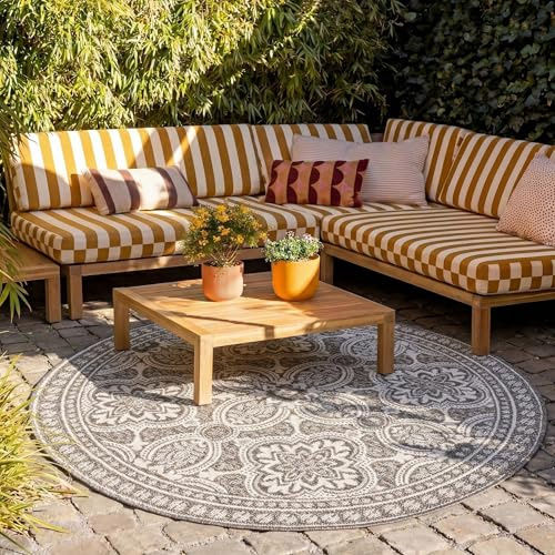 In- & Outdoor Teppich Rund - Summer Oriental Grau - Ø 100 cm | Wetterfest - Synthetik, Polypropylen - Balkon, Garten / Terrasse - Terrasse teppich - Outdoor rug