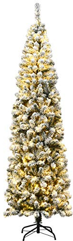 COSTWAY Árbol de Navidad Nevado 225cm, Slim/Estrecho Con Luces LED Cálidas Incorporadas, 350 Luces, 641 Ramas de PVC (225 cm)