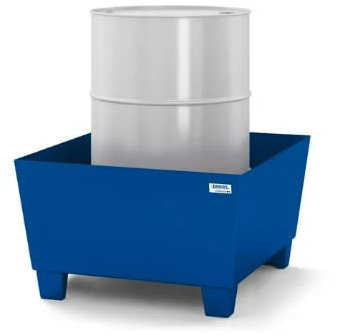 DENIOS® Auffangwanne aus Stahl für 1 FassI Made in Germany I ohne Gitterroste mit Füße, blau lackiert, 885 mm x 478 mm x 815 mm, ÜHP-Zulassung