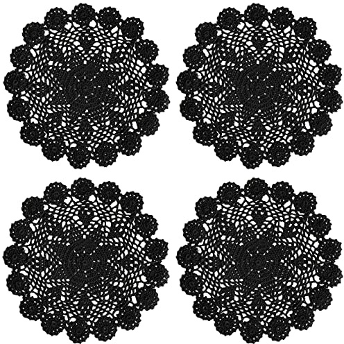 Phantomon 12 Inch Round Doilies Crochet Handmade Lace Placemats 100% Cotton Knitted Coasters, Pack of 4 (Black)