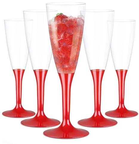WAF TUNDRA - Lot de 60 Verres FLUTE À CHAMPAGNE UTILISER & RÉ-UTILISER 100 ml. BPA-Free, Coupe Champagne en PLASTIQUE, Verre a Vin Plastique Reutilisable, Incassables, pour Mariages & Fêtes, (Rouge)