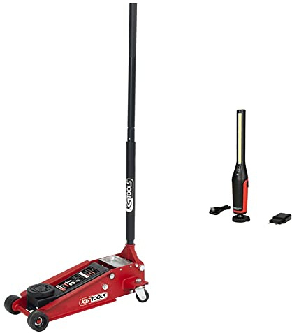KS TOOLS 161.0366 - Cric Hydraulique 3 Tonnes - en Acier de Notre Gamme Formula Lift 3T - Cric Rouleur avec 2 Roues Directionnelles-Rouge et Noir & Baladeuse Led avec Tête Inclinable - 600 Lumens Ip20