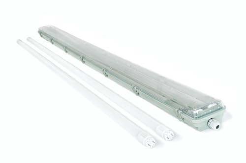 KOLORENO Set plafoniera stagna LED 150 cm T8 con 2 neon da 24W inclusi, luce fredda 6000K, lampada lineare a soffitto ideale in garage, officina, cantina, magazzino e locali tecnici professionali