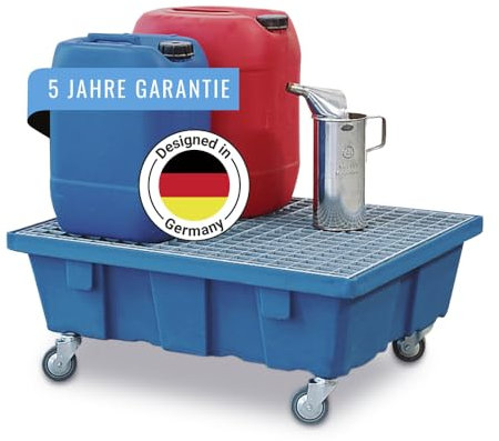Kleingebindewanne classic-line aus Polyethylen (PE) mit Rollen und verzinktem Gitterrost, 60 Liter