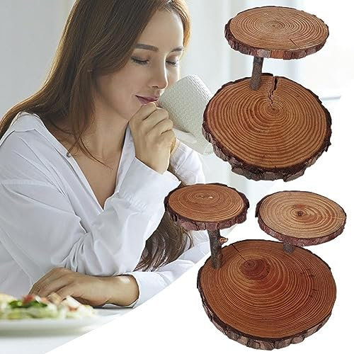 ZXCVWWE Tortenständer aus natürlichem Holz, 3 Etagen, rustikale Holzscheibe, Cupcake-Ständer, Dusche, Dekoration für Party, Hochzeit, Geburtstag, Baby