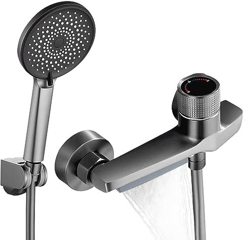 kyaoayo Badewannenarmatur Waterfall, Wannenarmatur mit 3 Modi Handbrause, Drehbar Duscharmatur mit Druckschalter, Badewanne Armatur Dusche zur Wandmontage, Chrom Badezimmer für Badewanne und Bad