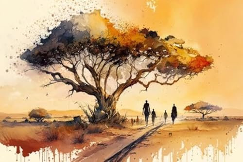 adrium Acryl-Bild 90 x 60 cm: Afrika-Aquarell-abstrakte Illustration. Silhouetten von Menschen und Natur. Generative KI. (201177700)