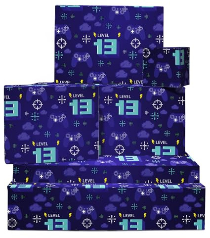 Geschenkpapier zum 13. Geburtstag für Jungen – Gamer – 6 Bögen Geschenkpapier – Gaming-Geschenke für 13-Jährige – Teenager – mit Aufklebern – recycelbar – von Central 23