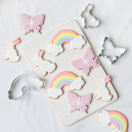 Anniversary House Spring 3 Piece Cookie Cutter Set, Tin-Plated Steel, Easter Cookie Cutters, Easter Bunny, Rainbow, Butterfly Biscuit Cutters, K0009