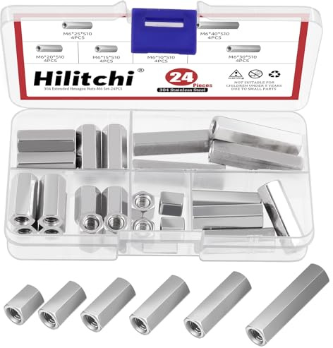 Hilitchi 24Pcs M6 Hex Coupling Nut 304 Stainless Steel Rod Coupling Nuts M6 Hexagon Coupling Nuts 10mm 15mm 20mm 25mm 30mm 40mm Metric Hex Coupling Nut Threaded Rod Connector for Office Equipment