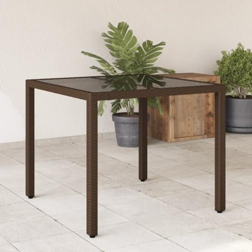 Tidyard Gartentisch Terrassentisch Balkontisch Esstisch Outdoor Bistrotisch Tisch Gartenmöbel Teetisch Holztisch Kaffeetisch Campingtisch mit Glasplatte Braun 90x90x75 cm Poly Rattan