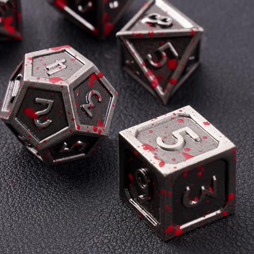 ORUZA Metal DND Würfel Set 7 Stück Blutverschmiert Polyedrische D&D Würfel D4 D6 D8 D10 D12 D20 D% Metall Spielwürfel für Dungeons und Dragons MTG RPG TTRPG Tischspiele Würfel
