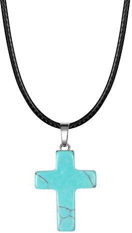 Xzmzbxzb Natural Turquoise Crystal Necklace Cross Gemstone with Black Leather Cord Pendant Necklace Reiki Healing Crystal Necklace Chakra Jewelry Gift for Women Men