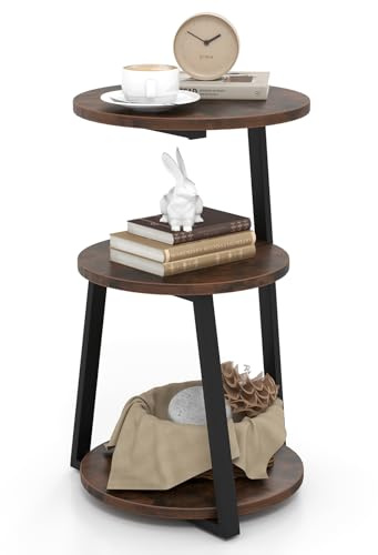 GIANTEX Mesa Auxiliar de 3 Niveles, Mesita de Noche con 3 Estantes de Madera, Mesilla de Noche Redonda de Estilo Industrial con Pies Ajustable, Altura de 62 cm (1)