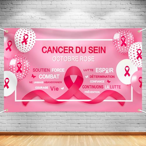 Bannière 180 * 110cm Toile de Fond en Ruban Rose Banderole Drapeau Octobre Rose Sensibilisation de Cancer du Sein de la Prévention et Le Contrôle Décoration Intérieur Extérieur Fête Photobooth