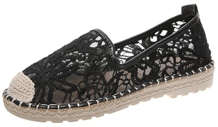 Ballerines pour femme en dentelle noire respirante | Espadrilles Malaga pour femme avec broderie, escarpins confortables, chaussures basses classiques, dessus en maille, chaussures plates en tricot,