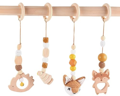 Afenau Montessori Gymnastik Bogen, Kinderwagenspiele, Hängespielzeug für Babys, Holz, 4 Stück