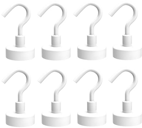 Pasdrucn 8 Stück Magnethaken Extra Stark 36kg, 2.4cm Neodym Magnete Mit Haken, Magnete Stark, Ziehen Neodym Magnet Haken Neodym Magnethaken, Magnetische Haken Für Badezimmer Grillrost (Weiß)
