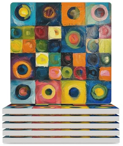 Untersetzer-Set, bunte Malerei, Getränkeuntersetzer für Couchtisch, saugfähige Keramik-Untersetzer mit Korkboden, quadratische Untersetzer, rutschfest, 9,4 x 9,4 x 0,8 cm, 6 Stück