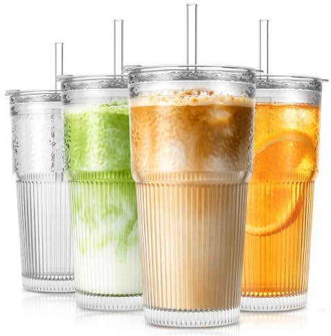 SoulTimes 600ml Ribbed Glass Tumblers with Lids and Glass Straws, Set of 4 – Leakproof Design, Durable Drinking Glasses for Iced Coffee, Juice, Smoothies & Cold Beverages, Includes Cleaning Brush