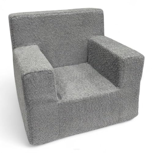 FORTISLINE Kindersessel Mini aus Teddy-Stoff 51 x 33 x 47 cm - weicher Kinderzimmer Sessel mit Schaumstofffüllung, abnehmbarem Bezug, Oeko-TEX, hergestellt in der EU, Grau