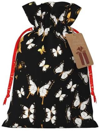 HJLUUFT Jutebeutel mit goldfarbenen weißen Schmetterlingen und schwarzem Druck, Weihnachtsgeschenktasche mit Kordelzug und Geschenkanhänger, für Hochzeit, Weihnachten, Party