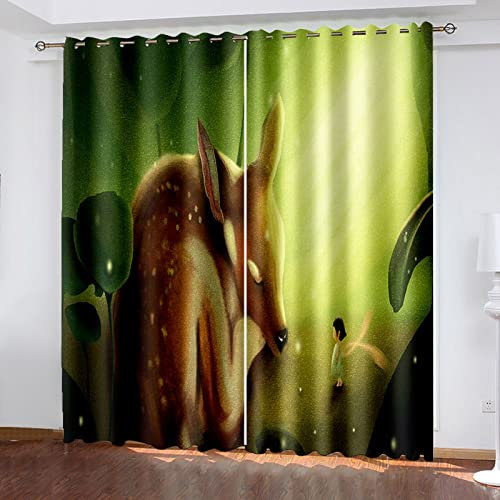 3D-Verdunkelungsvorhänge mit Hirsch-Cartoon-Tierdruck, Kinderzimmer-Vorhänge, 2 Paneele, Ring-Top-Vorhänge für Wohnzimmer, Kinderzimmer, Küche, wärmeisolierte Vorhänge mit 228 cm Länge