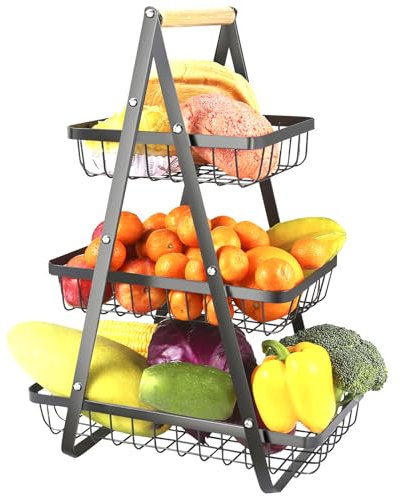 Hnjindong Obstkorb Etagere mit 3 Ebenen, Obstschale Etagere mit Holzgriff Metall Obstschale für Brot, Gemüse, Snacks, Aufbewahrung für Küche - Schwarz