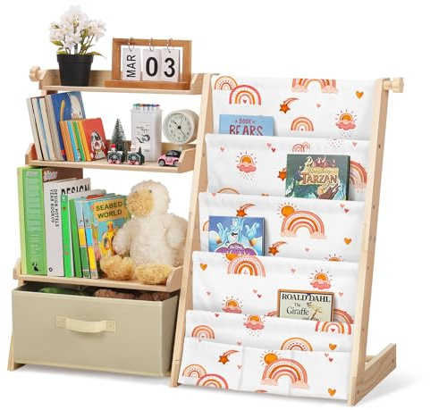 Estanteria Infantil con 4 Baldas y 3 Compartimentos, Organizador de Libros con Cajas y 3 Bolsillos, Estanteria Libros Niños para Habitación Infantil, Libreria Infantil Multifuncional (Arco Iris)