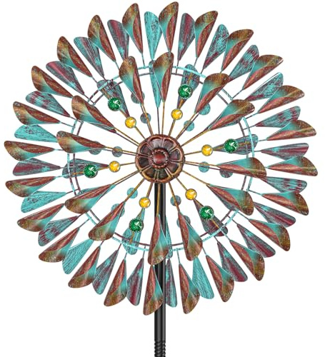 Moulin à Vent Solaire, Sculptures cinétiques à Vent à Lame Double Direction pour l'extérieur, Moulin à Vent Cinétique Éoliennes décoratives pour terrasse pelouse et Jardin(Vintage Corne Verte)