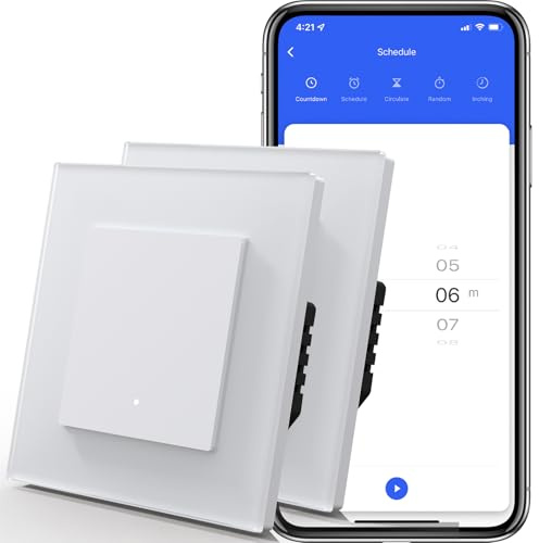 MVAVA Alexa Lichtschalter, Wlan Lichtschalter Unterputz Kompatibel mit Alexa/Google Home, Glas, Neutrale Leitung Benötigt 1 Fach 1 Weg 2 Pack