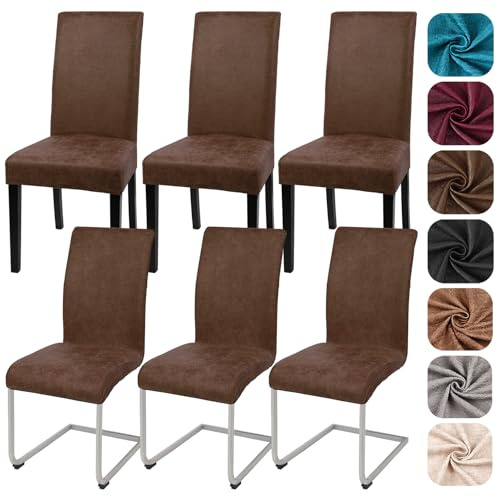 Alishomtll Sämischleder Stuhlhussen 6er Set Stretch PU Stuhlbezug Braun | Elastische Stuhlhussen Schwingstühle Universal Stuhlbezug Waschbare hussen für stühle Esszimmerstühle Bezug Küche Hochzeit