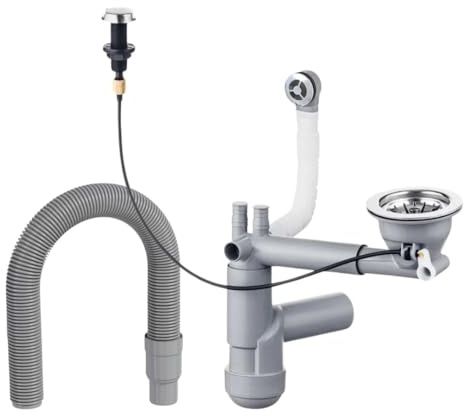 LAXARA Flexlok mit Exzenterbedienung & Spülbeckenauslass Ø 114 mm Siebkorbventil | Ablaufgarnitur mit Drehknopf | Siphon Spüle platzsparend | Edelstahloptik | (1 Becken rund mit Ablaufrohr)