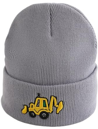 PythJooh Boys Girls Excavator Embroidery Beanie Hats Unisex Kids Autumn Winter Soft Warm Knitted Hat for Boys Girls Aged 2-10 Grey