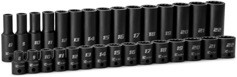 Capri Tools 3/20.3 cm. Juego de llaves de impacto poco profundas y profundas, 12 puntos, métricos, 8 a 22 mm, 30 piezas