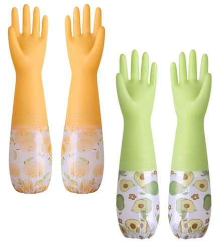 2 Pairs Rubber Latex Washing up Gloves, Non-Slip Long Cuff Cleaning Gloves, Kitchen Dishwashing Gloves with Lining-45.5cm, Waterproof Household Glove for Kitchen Bathroom Laundry-Orange+Green