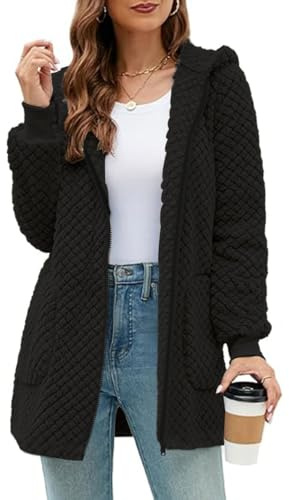 ABINGOO Veste Polaire à Capuche Femme Manteau Longue Peluche Doux avec Poches Cardigan Décontracté Pelucheux Zippé pour Automne Hiver(Noir,M)