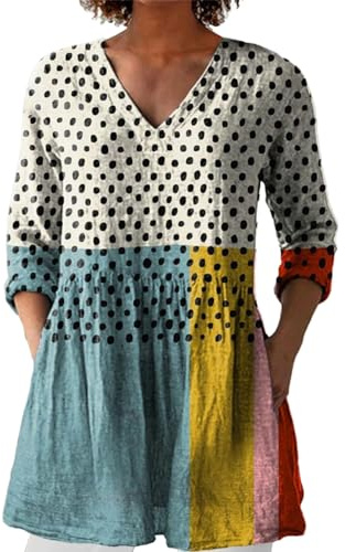 Uwdiohq Chemise décontractée à col en V Lin pour Femme Nouvelle été 2025 Chemisier De Soirée Grande Taille Blouse Tunique Femme Lin Chemisiers Femmes Fluide Robe Longue Noel Coton Ete Chemisiers