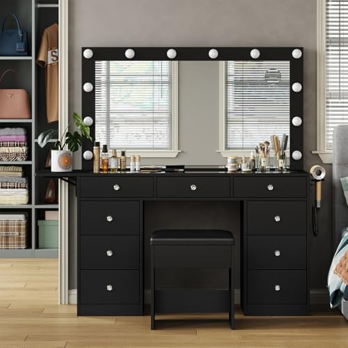 FUSOU Vanity Desk with Power Outlet, 9 Drawers Makeup Vanity with Mirror and 12 LED Lights, 3 Lighting Modes, Glass Top Vanity Set, Fold-up Panel, Dressing Table for Bedroom, Black